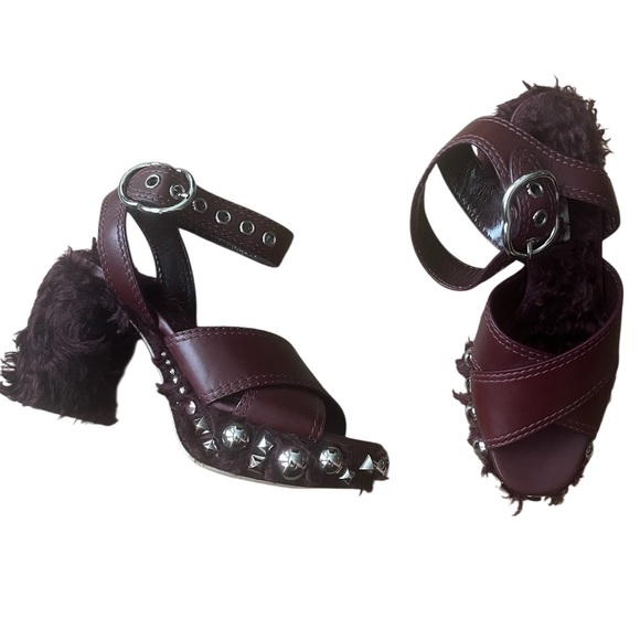 MIU MIU EMBELLISHED FAUX FUR BURGUNDY HEELS SIZE IT 40, US 10 - Picture 2 of 7